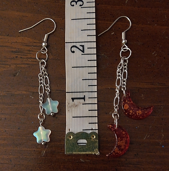 Handmade Mismatched Red Crescent Moon And Faux Moonstone Stars Earrings - Picture 4 of 5